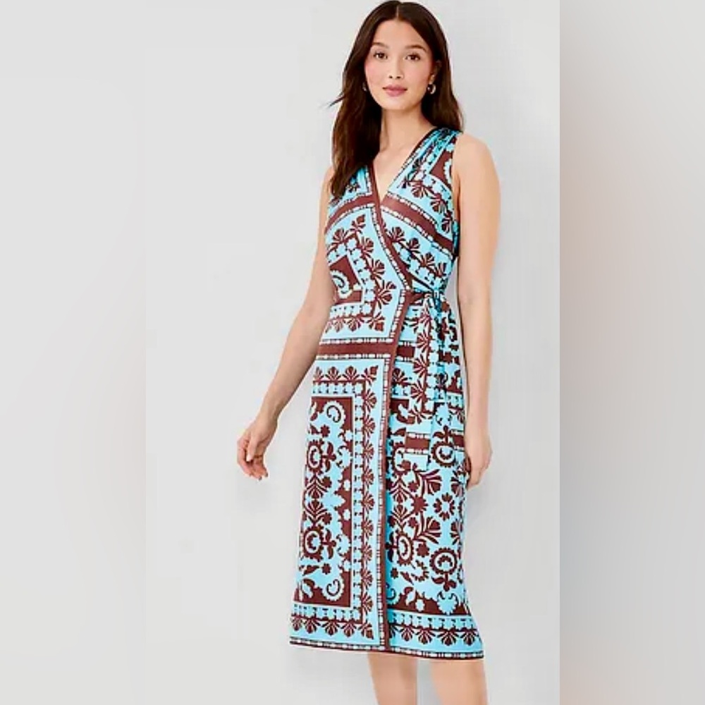NWT Ann Taylor Sleeveless Aqua & Brown Floral Motif Scarf Print Midi Wrap Dress.